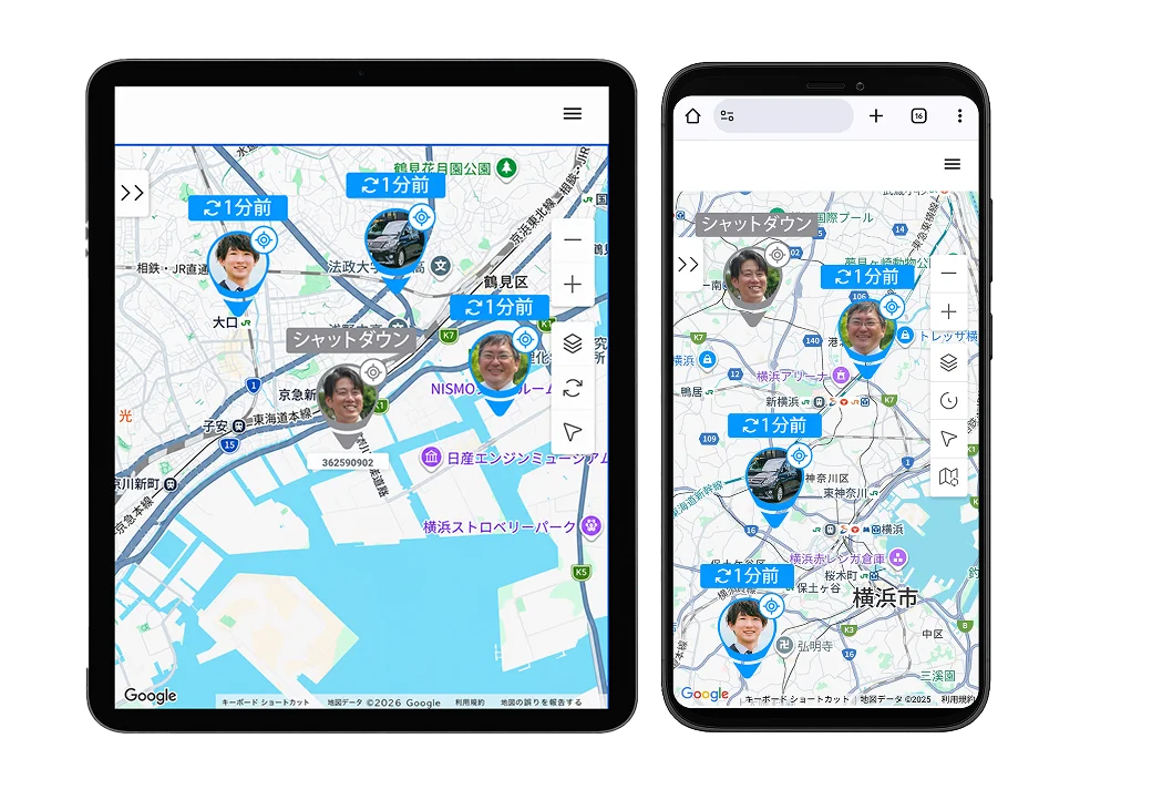 スマホ・タブレット版管理画面。タブレットとスマートフォンの地図画面上に複数の位置情報アイコンが表示されている