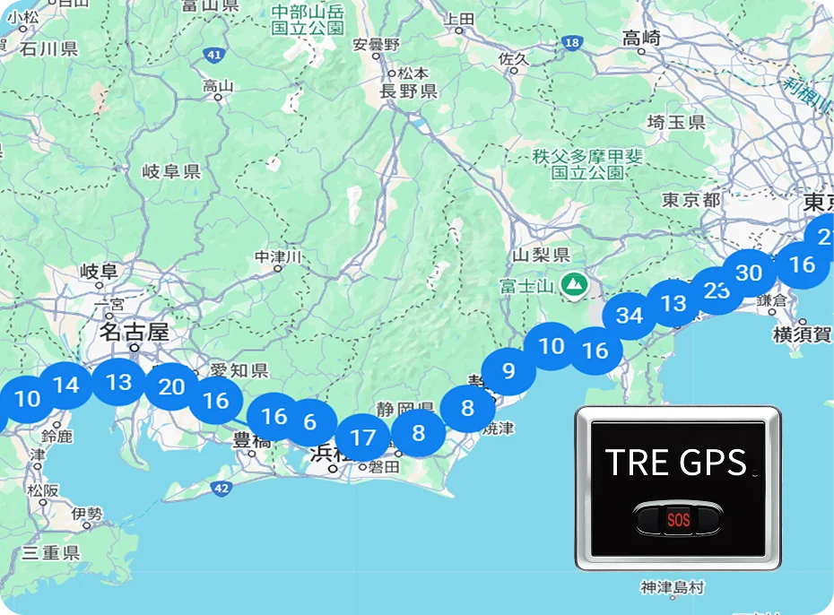 広域地図上に番号付きの丸いマーカーが連なって表示された移動履歴。TRE GPS端末の写真を右下に配置
