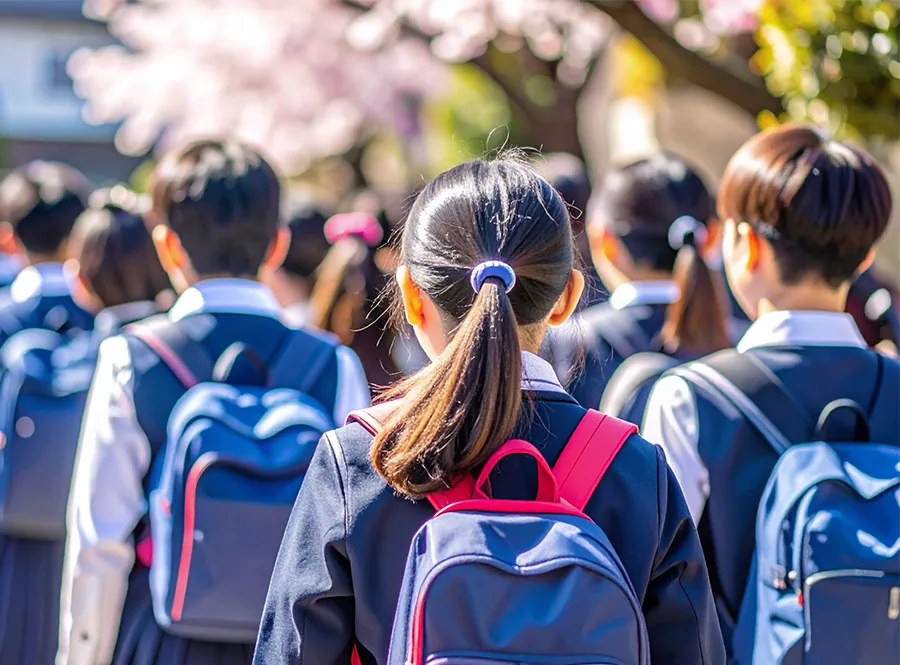 バックパックを背負って並んで歩く小学生たち(後ろ姿)