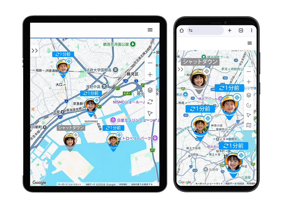 スマホ・タブレット版管理画面。タブレットとスマートフォンの地図画面上に複数の位置情報アイコンが表示されている