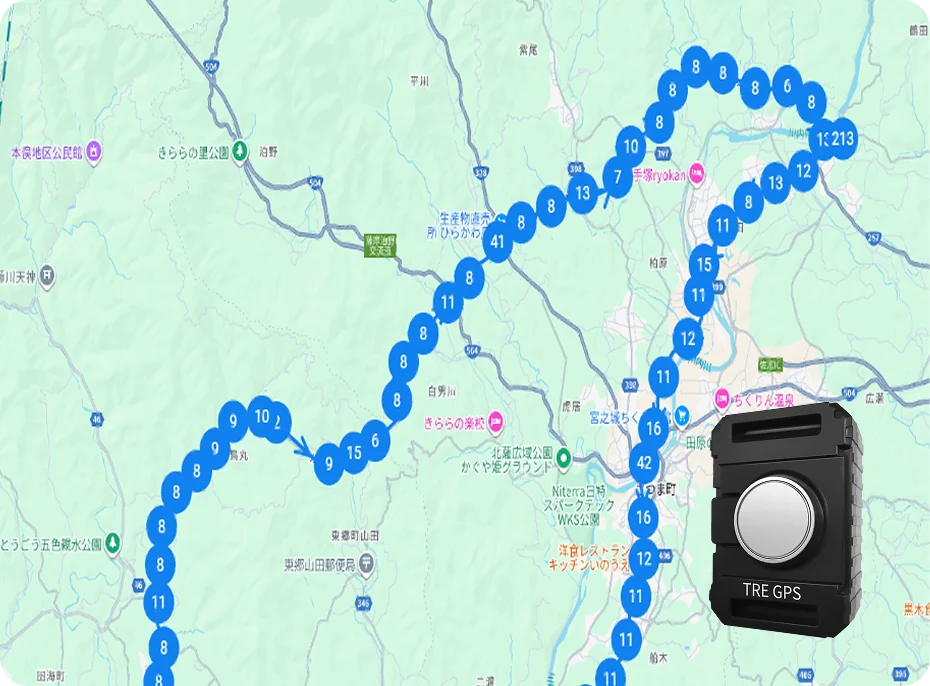 道路沿いに番号付きの丸いマーカーが連なって表示された移動履歴。TRE GPS端末の写真を右下に配置
