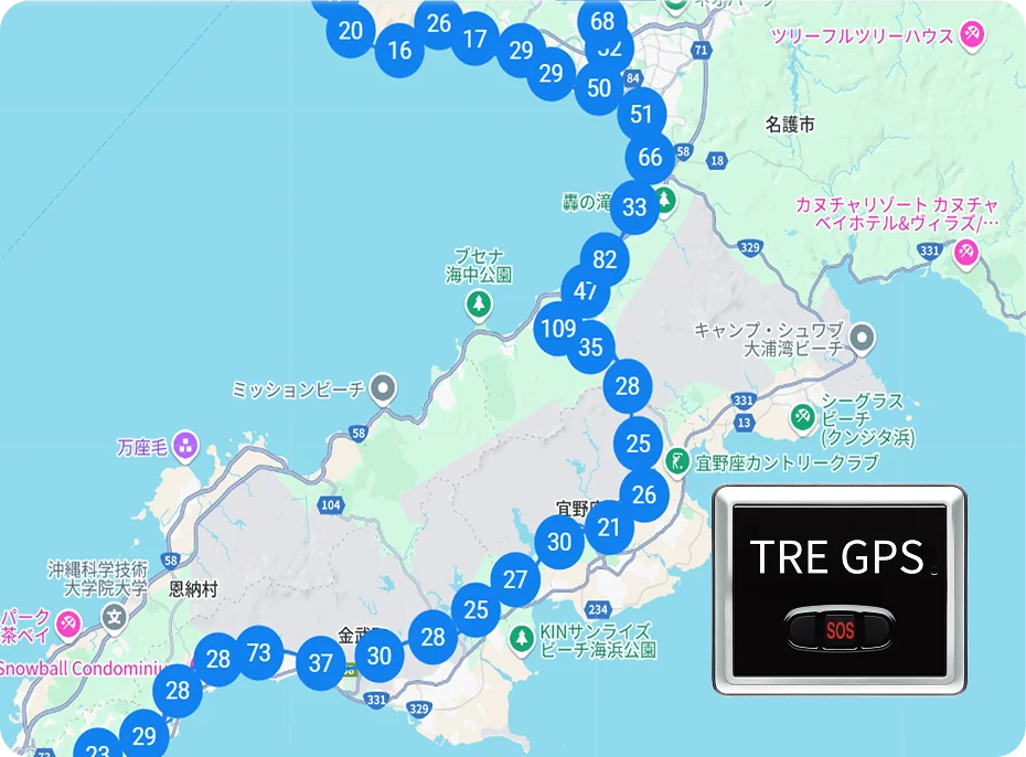 地図上に番号付きの丸いマーカーが連なって表示された送迎バスの移動履歴。TRE GPS端末の写真を右下に配置